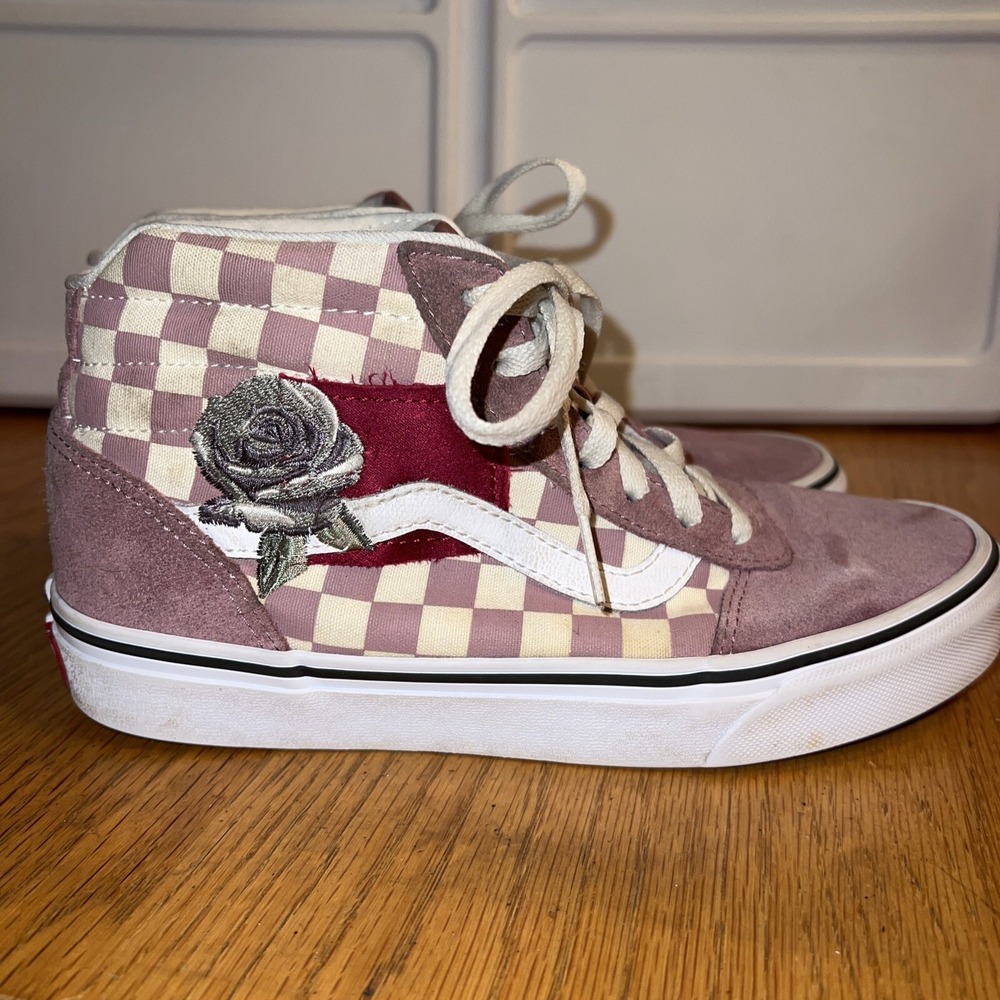 Vans Old Skool SK8 Hi Top Pale Pink Lace Up White Suede Womens Sz 7 Shoes Flower - Picture 3 of 7